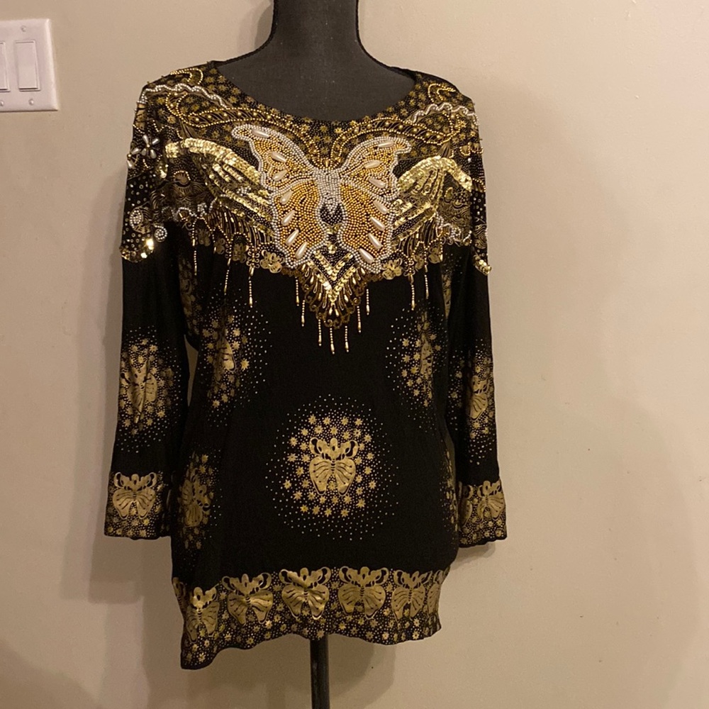 Vintage Bali chic top with beaded butterfly design size OS